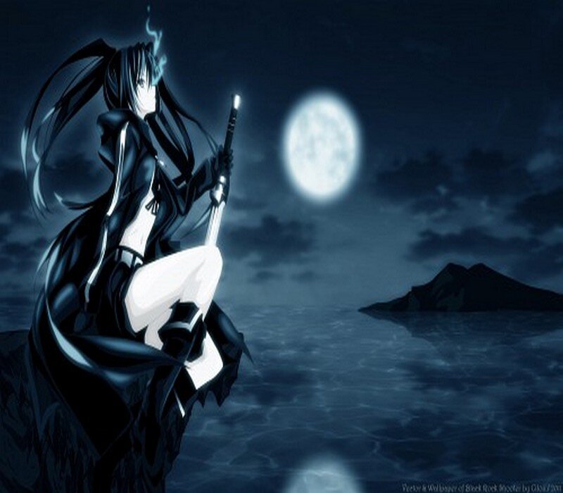 Anime Girl with Sword — Blue, Dramatic, Night, Moon, Sea, Island