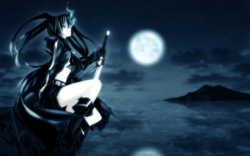 Anime Girl with Sword — Blue, Dramatic, Night, Moon, Sea