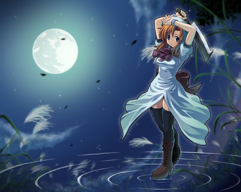 Anime Girl with Sword — Blue, Dramatic, Night, Moon, Water, Grass