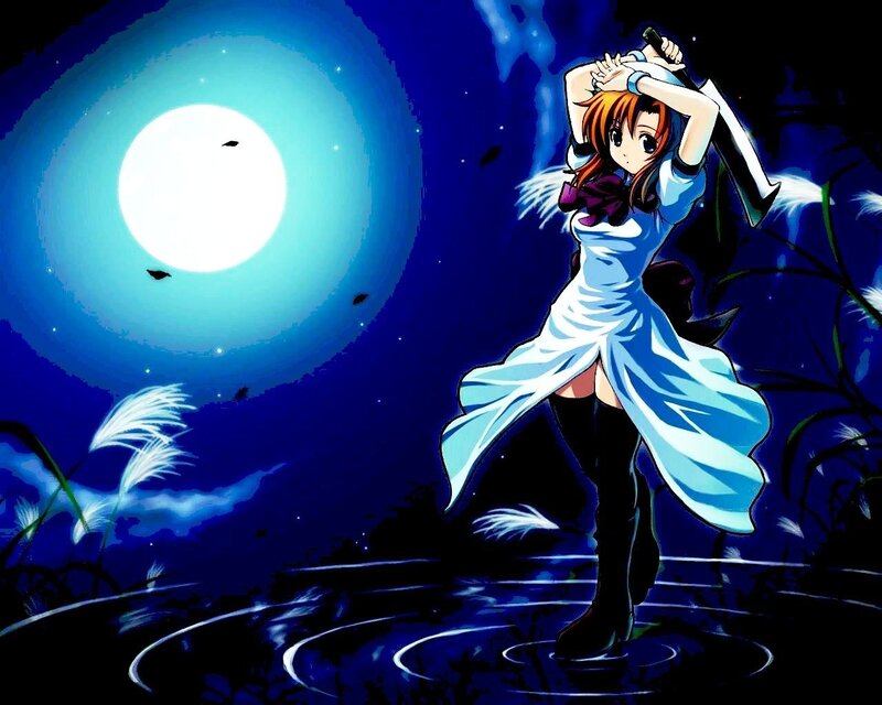 Anime Girl with Sword — Blue, Dramatic, Night, Moon, Water