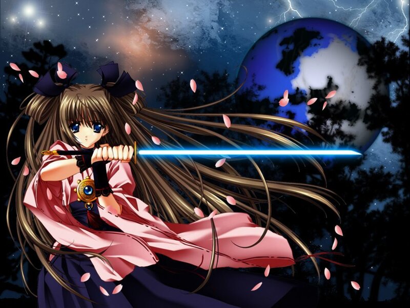 Anime Girl with Sword — Blue, Dramatic, Night, Planet