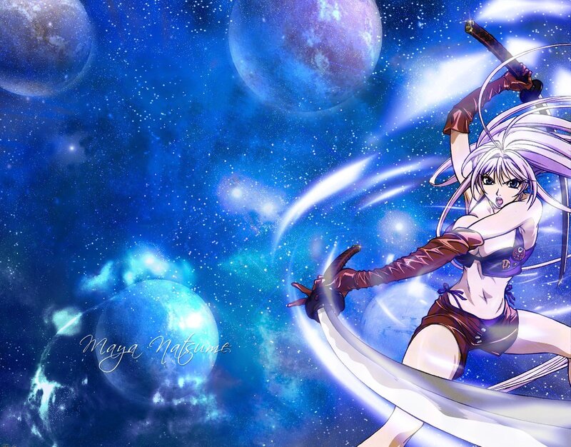 Anime Girl with Sword — Blue, Dramatic, Night, Planets