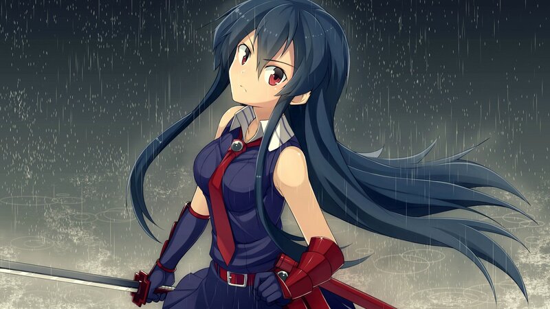 Anime Girl with Sword — Blue, Dramatic, Night, Rain, Long Hair