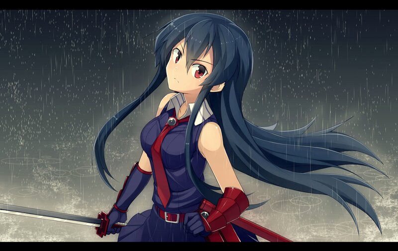 Anime Girl with Sword — Blue, Dramatic, Night, Rain