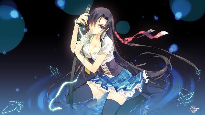 Anime Girl with Sword — Blue, Dramatic, Night, Ribbon, Skirt