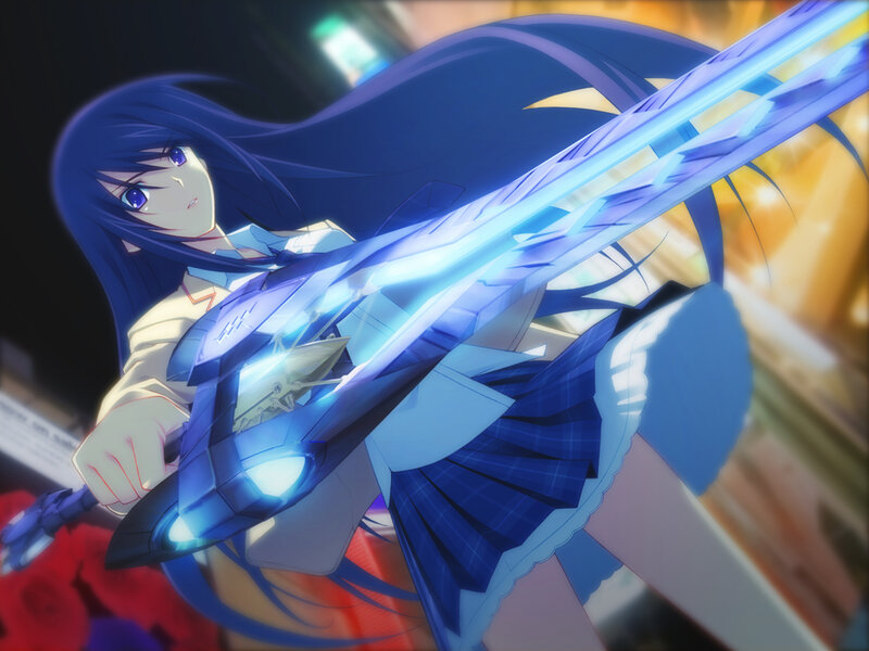 Anime Girl with Sword — Blue, Dramatic, Night, School Uniform, Long Hair