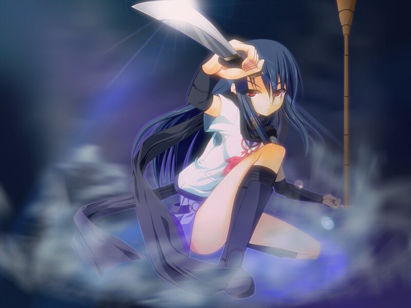 Anime Girl with Sword — Blue, Dramatic, Night, Staff
