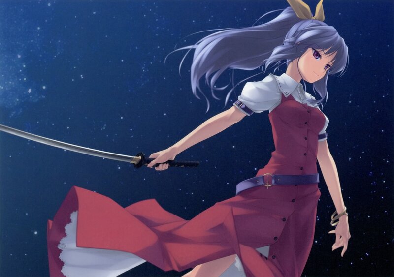 Anime Girl with Sword — Blue, Dramatic, Night, Stars