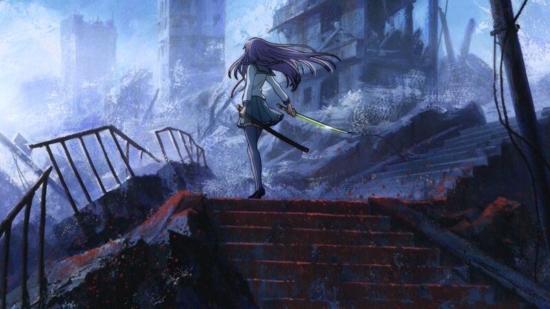 Anime Girl with Sword — Blue, Dramatic, Ruins