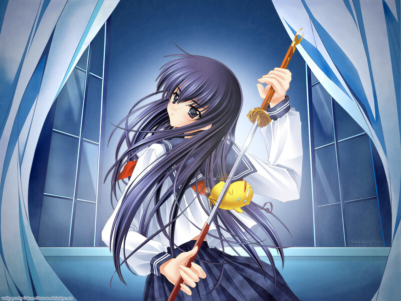 Anime Girl with Sword — Blue, Dramatic, School Uniform