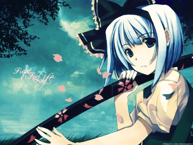 Anime Girl with Sword — Blue, Dramatic, Spring, Cherry Blossoms