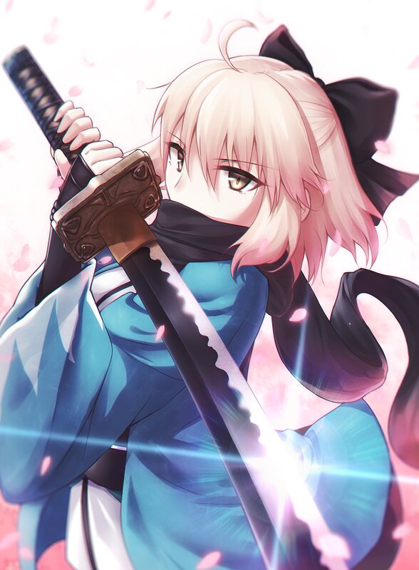 Anime Girl with Sword — Blue, Dramatic, Spring, Sakura Petals, Black Bow