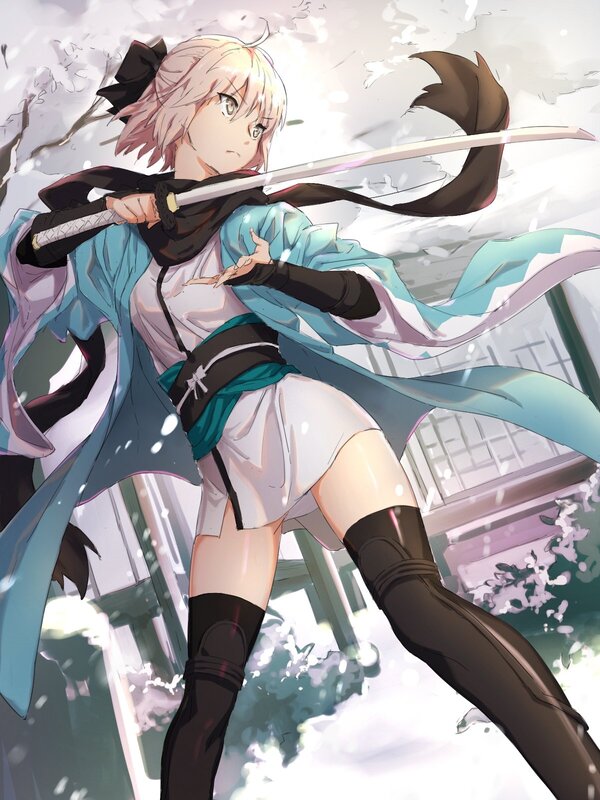 Anime Girl with Sword — Blue, Dramatic, Spring, Sakura