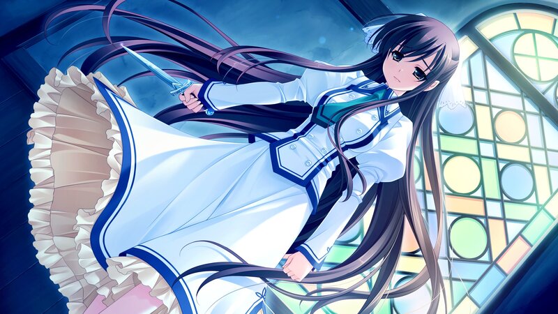 Anime Girl with Sword — Blue, Dramatic, Stained Glass
