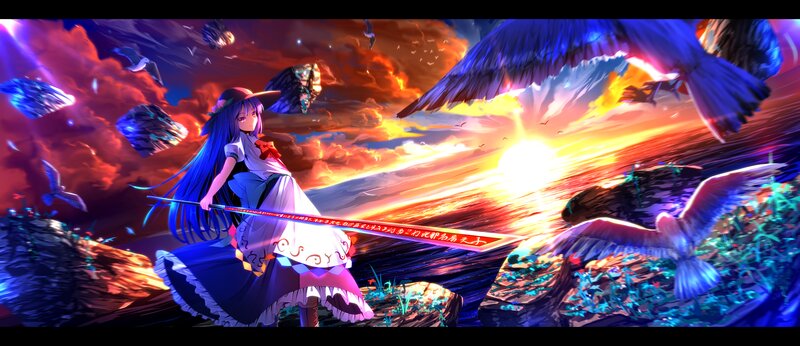 Anime Girl with Sword — Blue, Dramatic, Sunset, Digital Art, Birds
