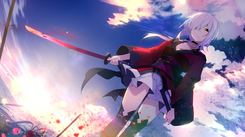 Anime Girl with Sword — Blue, Dramatic, Sunset, Digital Art, Clouds