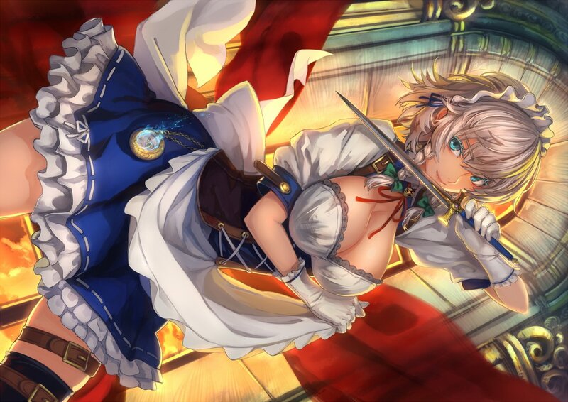 Anime Girl with Sword — Blue, Dramatic, Sunset, Digital Art, Dress