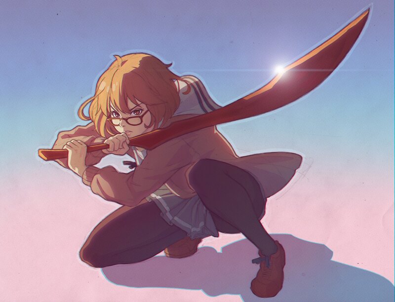 Anime Girl with Sword — Blue, Dramatic, Sunset, Digital Art, Glasses