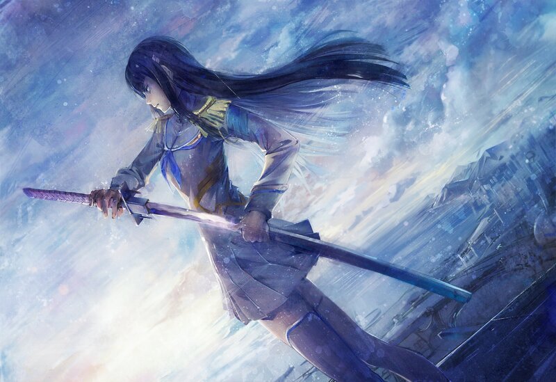Anime Girl with Sword — Blue, Dramatic, Sunset, Digital Art, Long Hair