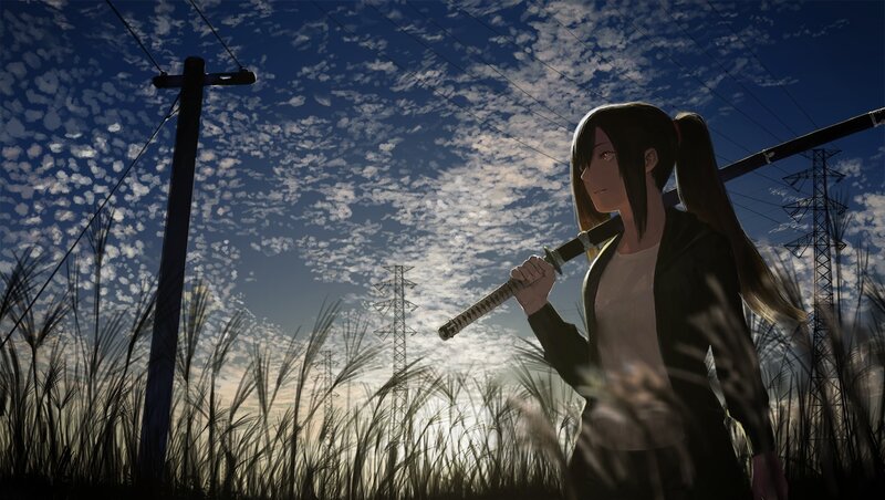 Anime Girl with Sword — Blue, Dramatic, Sunset, Digital Art, Power Lines