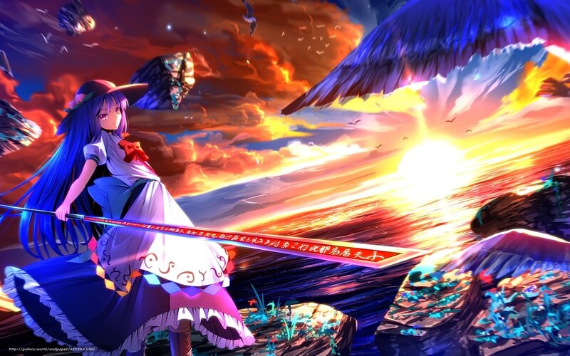Anime Girl with Sword — Blue, Dramatic, Sunset, Digital Art, Sky