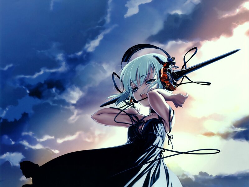 Anime Girl with Sword — Blue, Dramatic, Sunset, Headphones, Clouds, White, Black