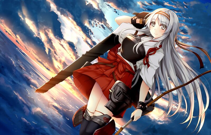 Anime Girl with Sword — Blue, Dramatic, Sunset, Sky
