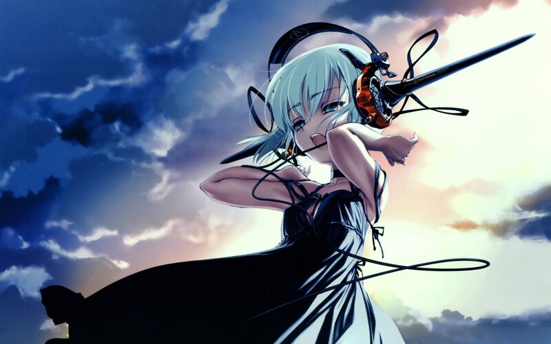 Anime Girl with Sword — Blue, Dramatic, Sunset