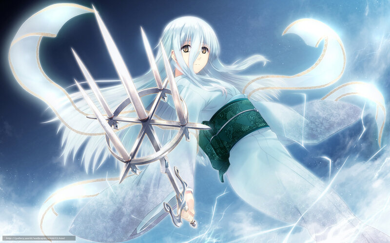 Anime Girl with Sword — Blue, Dramatic, White Hair, Green Sash
