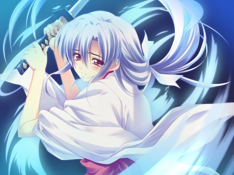 Anime Girl with Sword — Blue, Dramatic, White Kimono