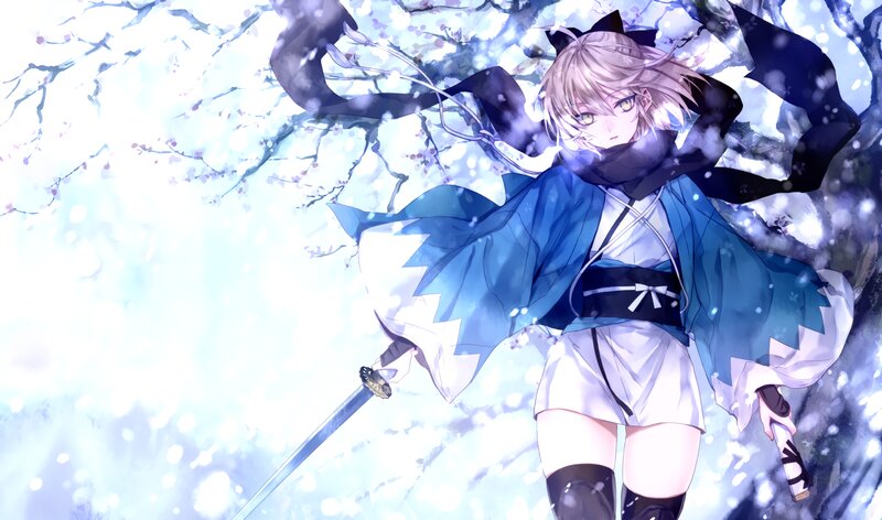 Anime Girl with Sword — Blue, Dramatic, Winter, Cherry Blossoms