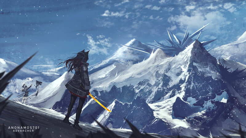 Anime Girl with Sword — Blue, Dramatic, Winter, Digital Art