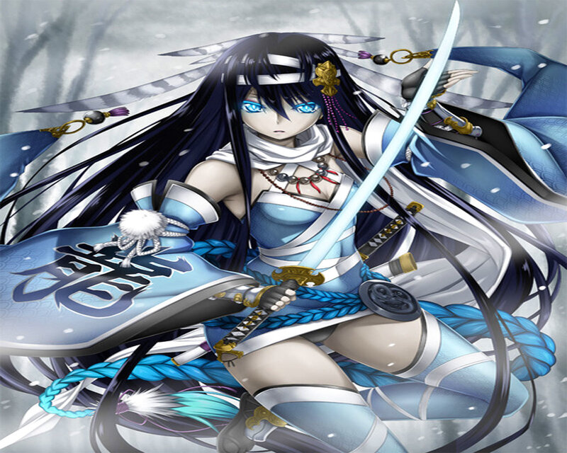 Anime Girl with Sword — Blue, Dramatic, Winter, Shield
