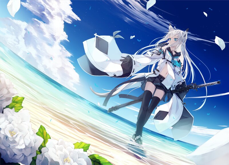 Anime Girl with Sword — Blue, Dynamic, Afternoon, Digital Art, White Flowers