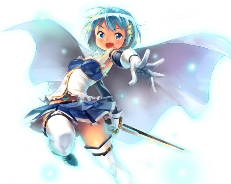 Anime Girl with Sword — Blue, Dynamic, Digital Art, Cape