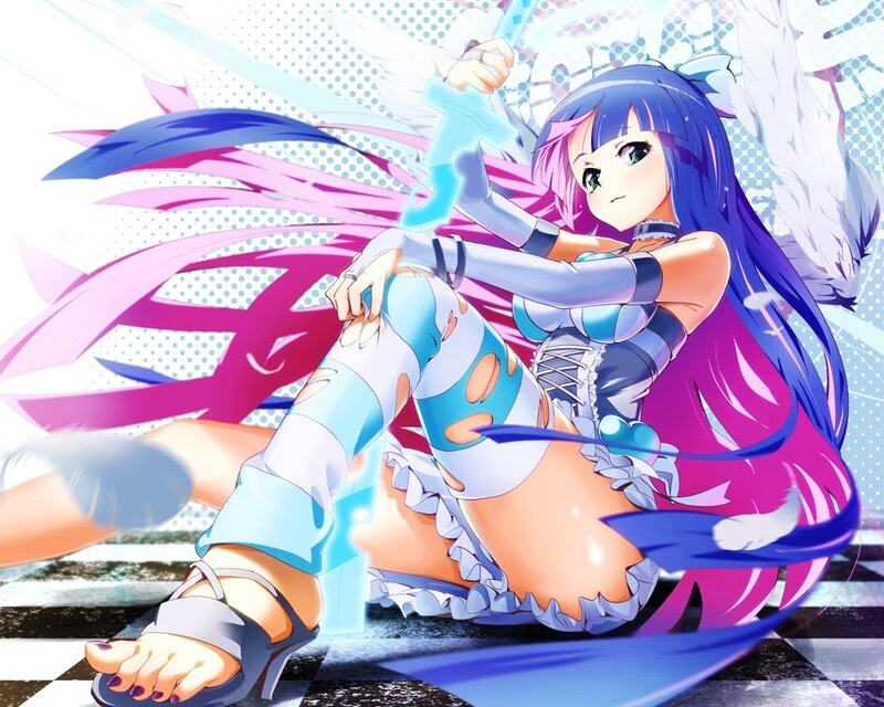 Anime Girl with Sword — Blue, Dynamic, Digital Art, Wings