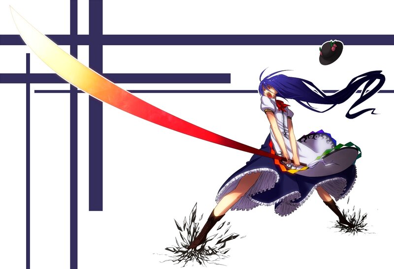 Anime Girl with Sword — Blue, Dynamic, Hat