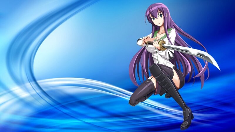 Anime Girl with Sword — Blue, Dynamic, Long Hair, School Uniform, Purple