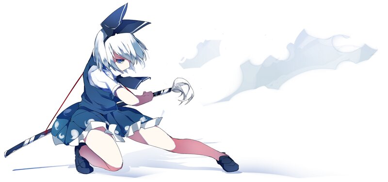 Anime Girl with Sword — Blue, Dynamic, Skirt, White Hair