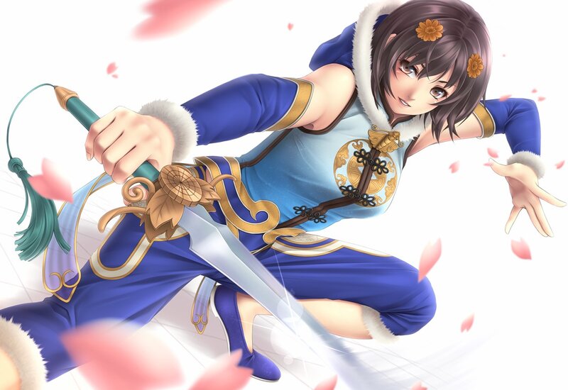 Anime Girl with Sword — Blue, Dynamic, Spring, Digital Art