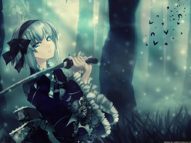 Anime Girl with Sword — Blue, Mysterious, Night, Digital Art
