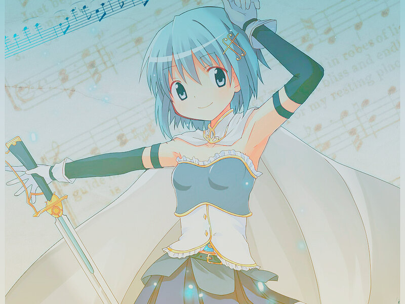 Anime Girl with Sword — Blue, Playful, Music Notes