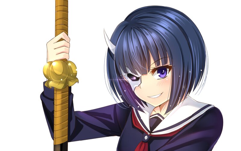 Anime Girl with Sword — Blue, Playful, School Uniform, Horn