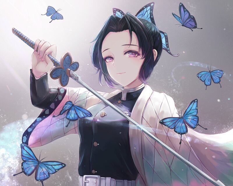 Anime Girl with Sword — Blue, Serene, Digital Art, Butterflies