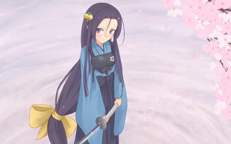 Anime Girl with Sword — Blue, Serene, Spring, Cherry Blossoms, Kimono