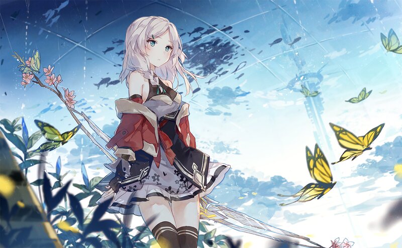 Anime Girl with Sword — Blue, Serene, Spring, Digital Art, Butterflies
