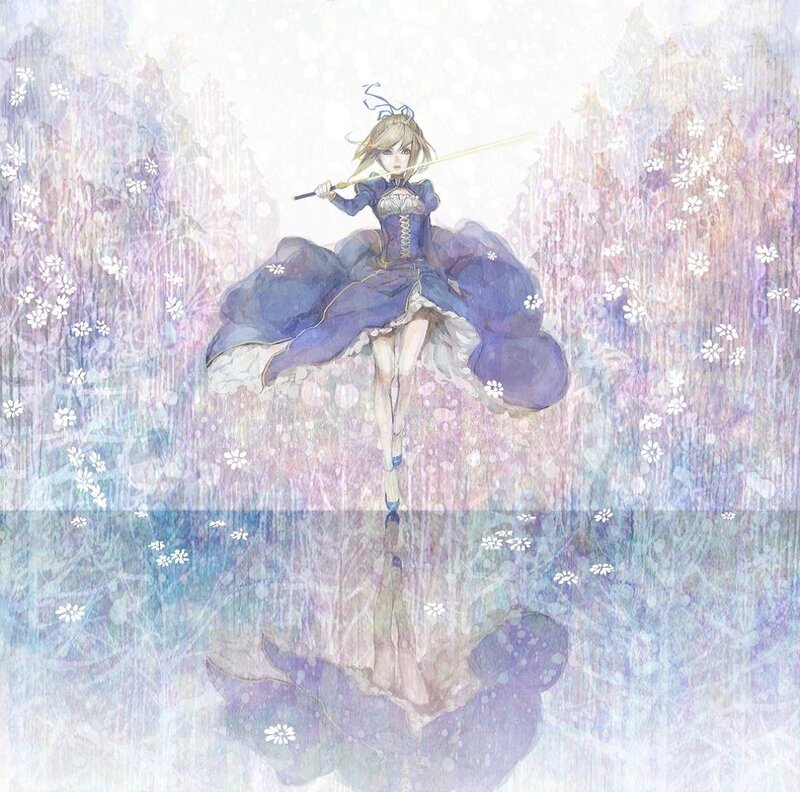 Anime Girl with Sword — Blue, Serene, Spring, Digital Art