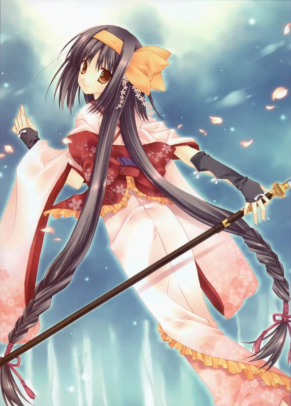 Anime Girl with Sword — Blue, Serene, Spring, Kimono, Flower Petals