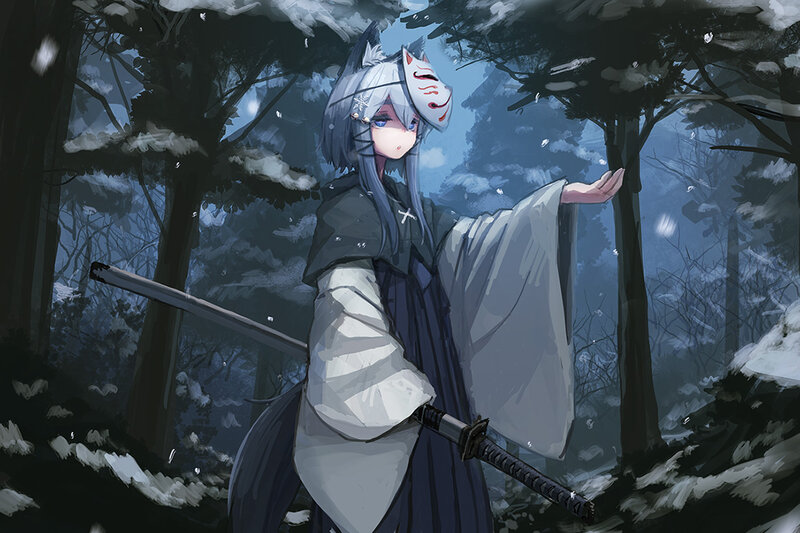 Anime Girl with Sword — Blue, Serene, Winter