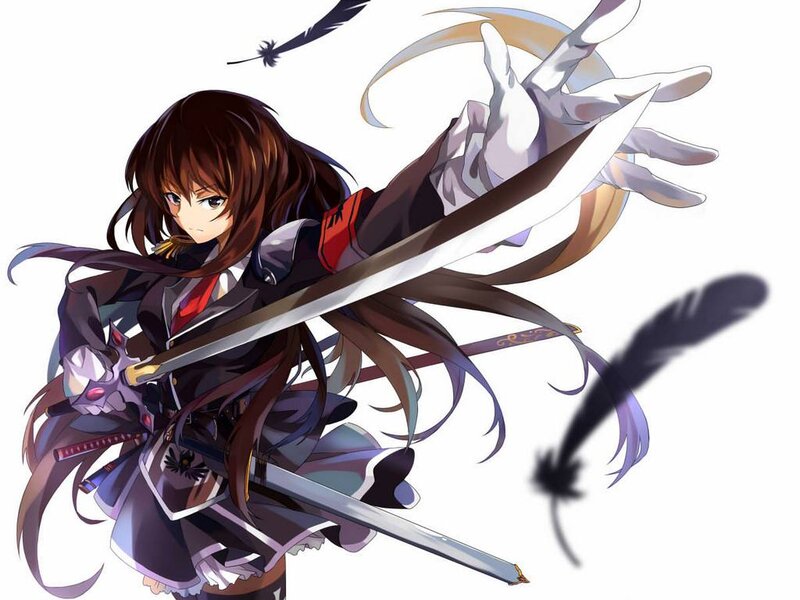 Anime Girl with Sword — Brown, Action, Feather